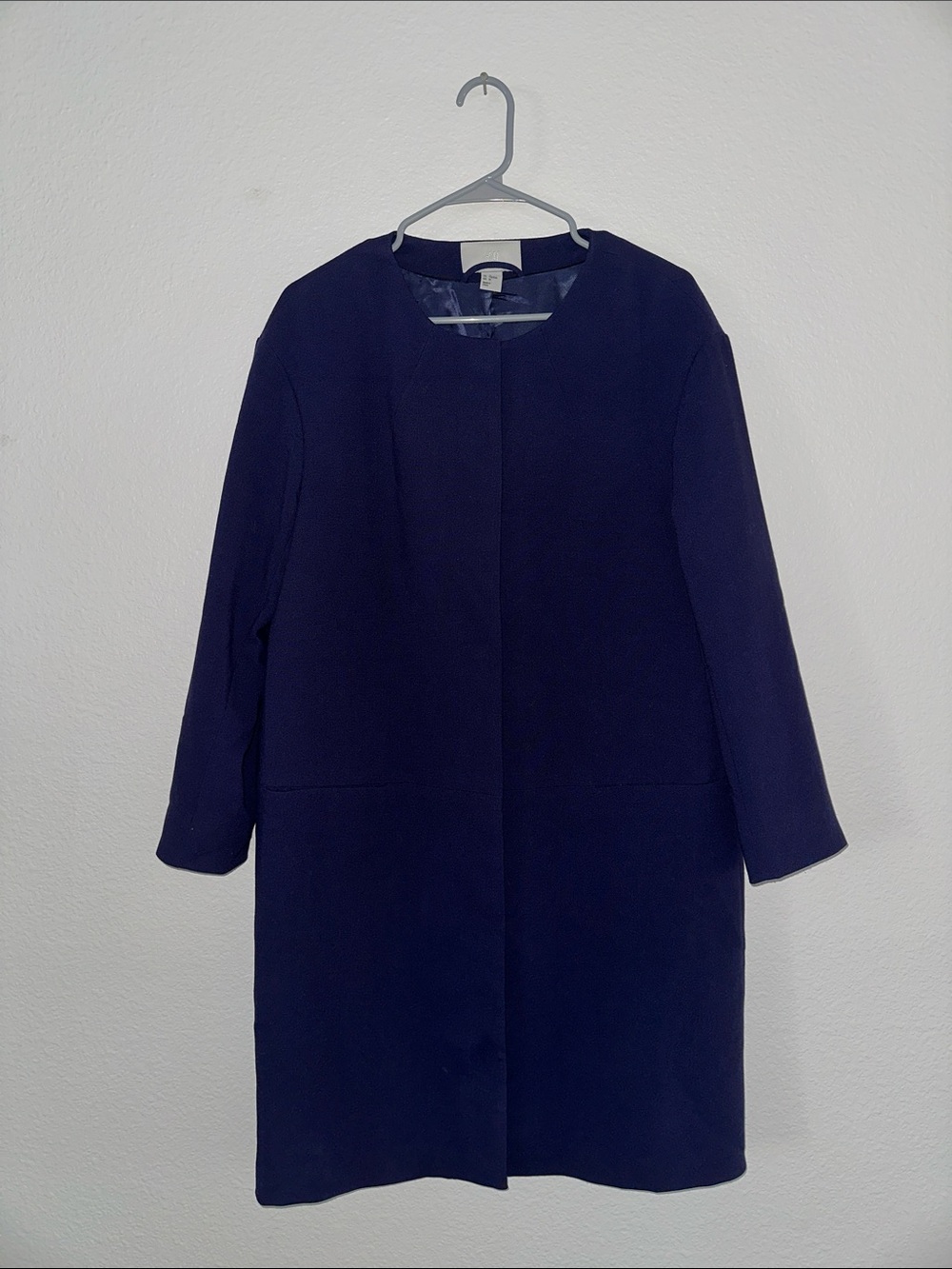 H&M Women’s Navy Blue Collarless Long Coat Size 10